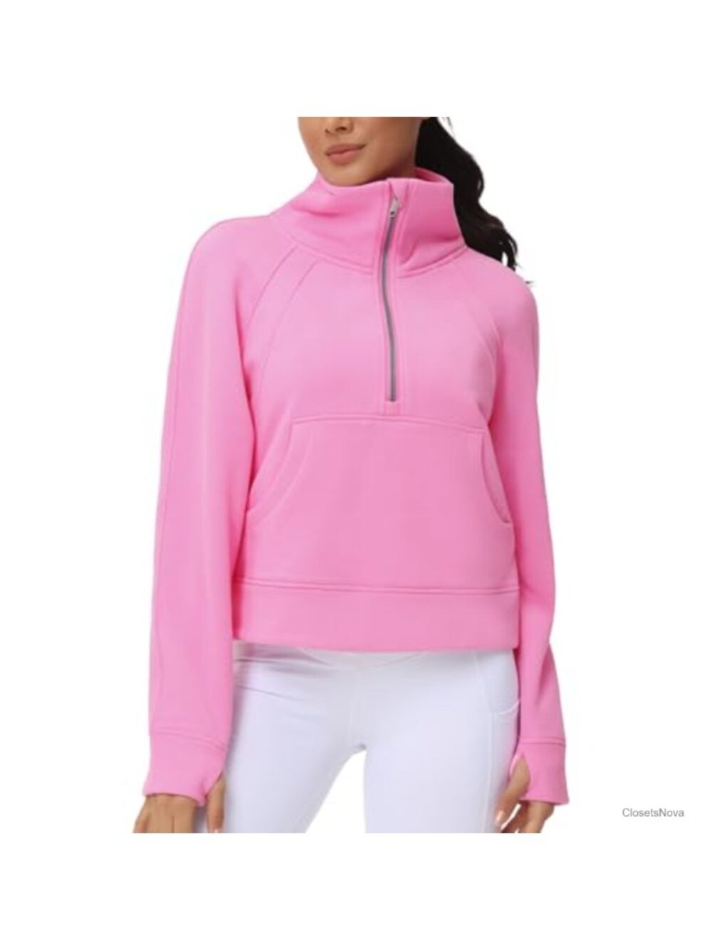 Fleece Lined Half Zip Pullover Crop Sweatshirt Kangaroo Pocket Thumbholes